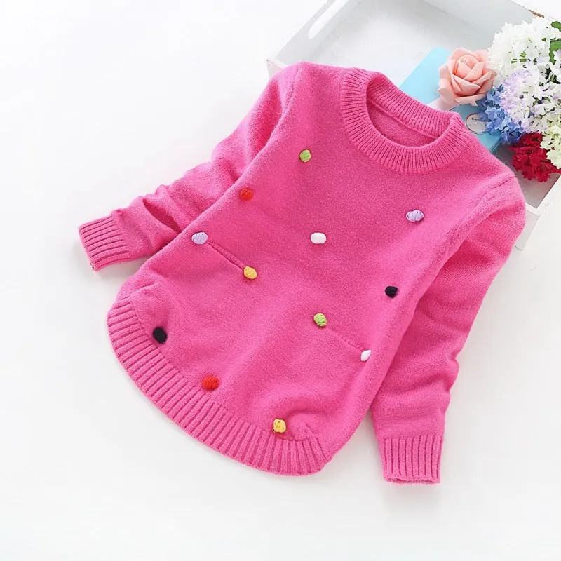 Girls' Sweater with Colourful Knitted Polka Dots - Violet, Pink, Hot Pink