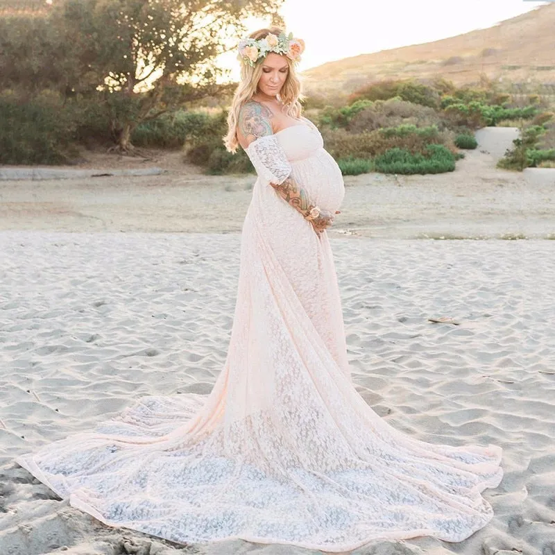 Lace Maternity Maxi Dress With Train